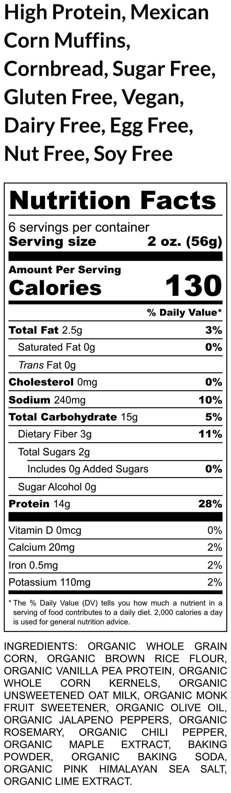 Cornbread, High Protein, Anabolic, Gluten Free, Egg Free, Dairy Free, Vegan, No Refined Sugar, Nut Free, High Fiber, Low Calorie, Collagen