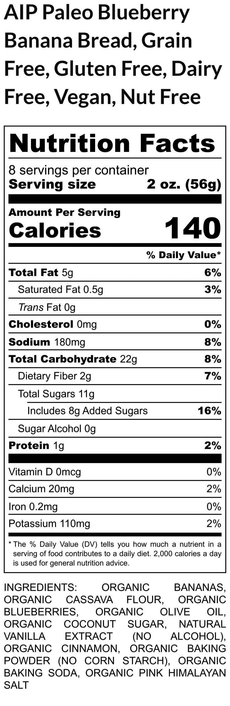 Blueberry Banana Bread, AIP Paleo, Gluten Free, Grain Free, Dairy Free, Vegan, Autoimmune Protocol, Allergy Friendly snacks, Wellness Gift