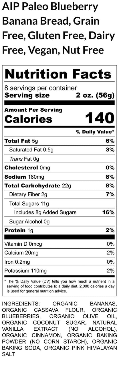 Blueberry Banana Bread, AIP Paleo, Gluten Free, Grain Free, Dairy Free, Vegan, Autoimmune Protocol, Allergy Friendly snacks, Wellness Gift