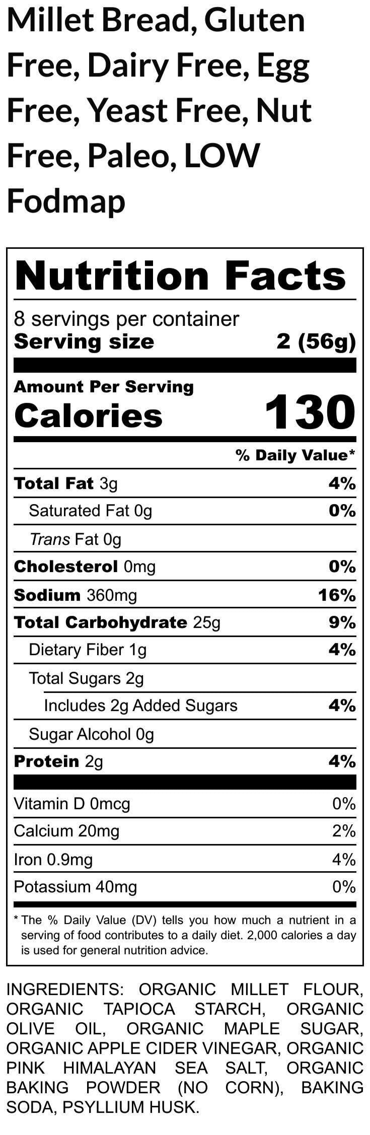 Gluten Free Bread, Millet Flour, Grain Free, Dairy Free, Paleo, Low FODMAP, Egg free, No Preservatives, No Refined Sugar, Low Oxalate snacks
