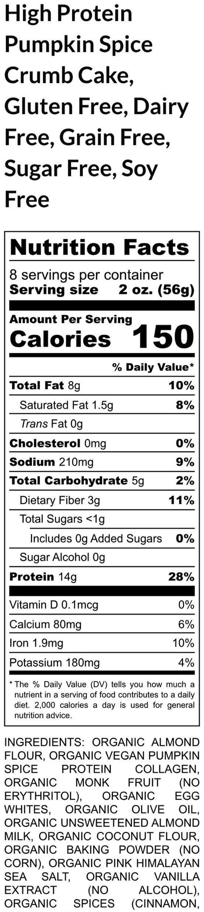 Gluten Free Pumpkin Spice Crumb Cake, High Protein, Sugar Free snack, Dairy Free, Grain Free, Low Carb, Fall Flavor desserts, Fitness Gift,