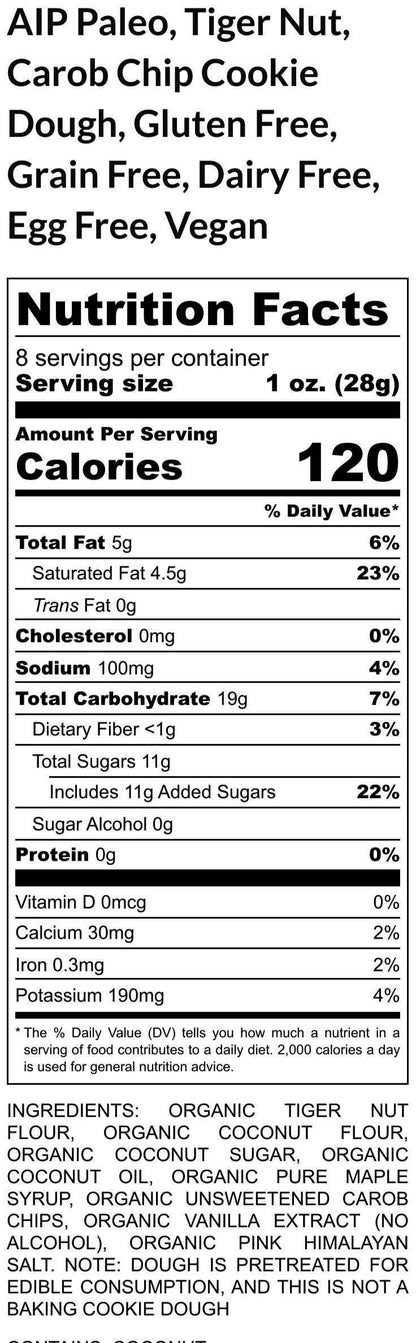 AIP Paleo Cookie Dough, Edible, Tiger Nut, Carob Chip, Gluten Free, Dairy Free, Egg Free, Grain Free, Wellness Gift, Valentine's Day Gifts