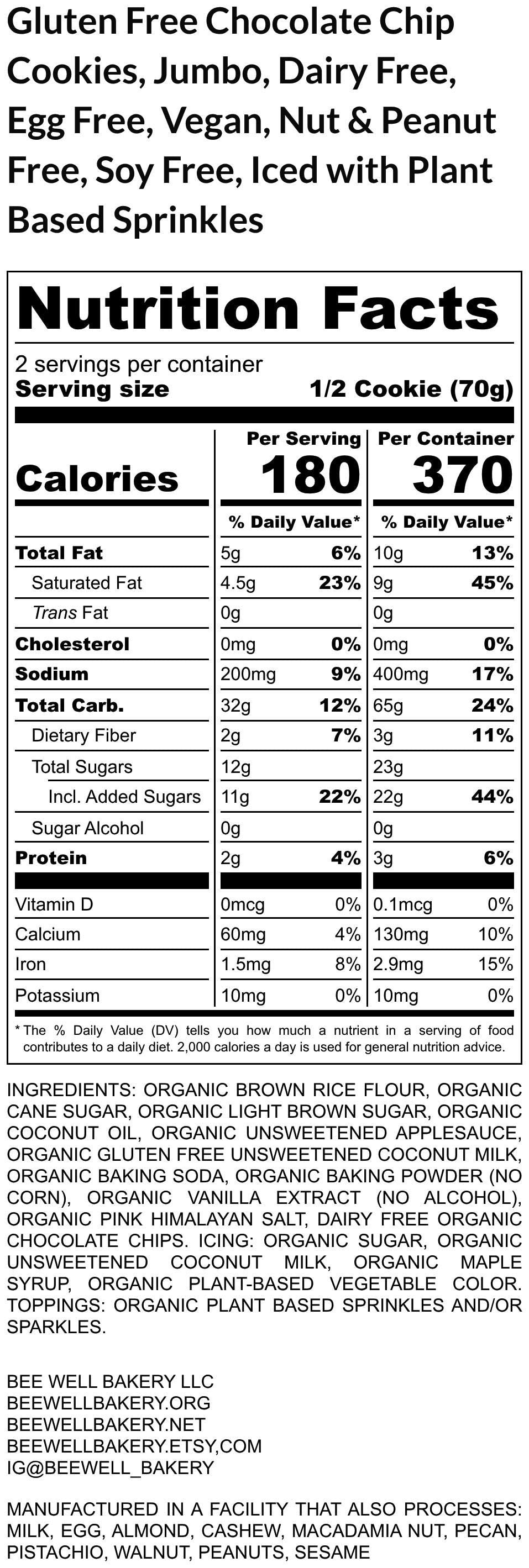Gluten Free Chocolate Chip Cookie, Jumbo, Dairy Free, Vegan, Nut Free, Heart, Circle, Birthday, Allergy Friendly Valentine's Day Gifts