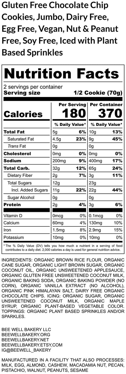 Gluten Free Chocolate Chip Cookie, Jumbo, Dairy Free, Vegan, Nut Free, Heart, Circle, Birthday, Allergy Friendly Valentine's Day Gifts