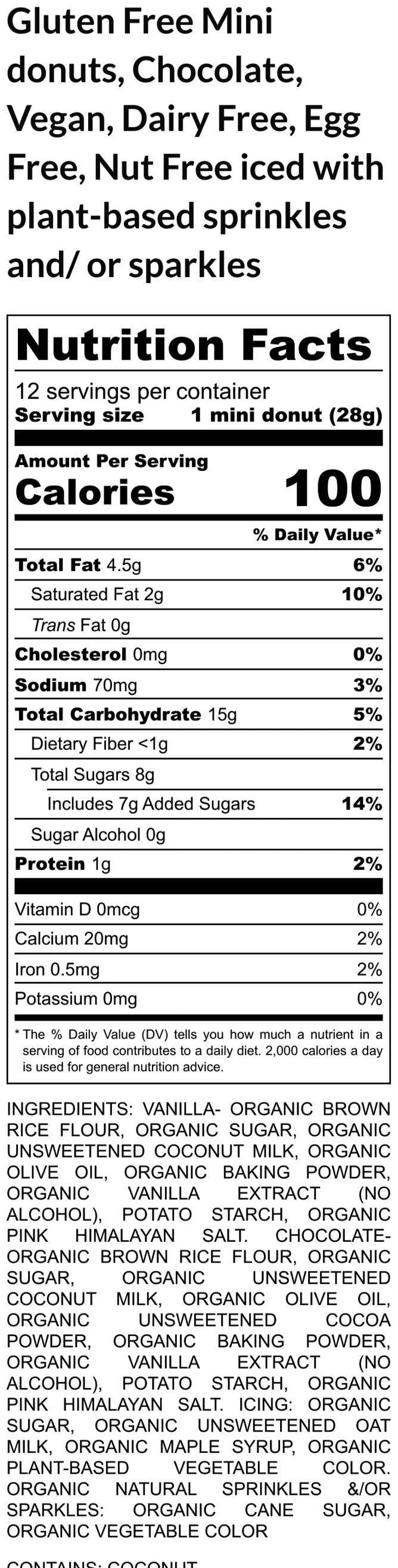 Mini Donuts, Gluten Free, Dairy Free, Egg Free, Vanilla, Chocolate, Nut Free, No artificial colors, Birthday, Graduation, Father's Day Gift