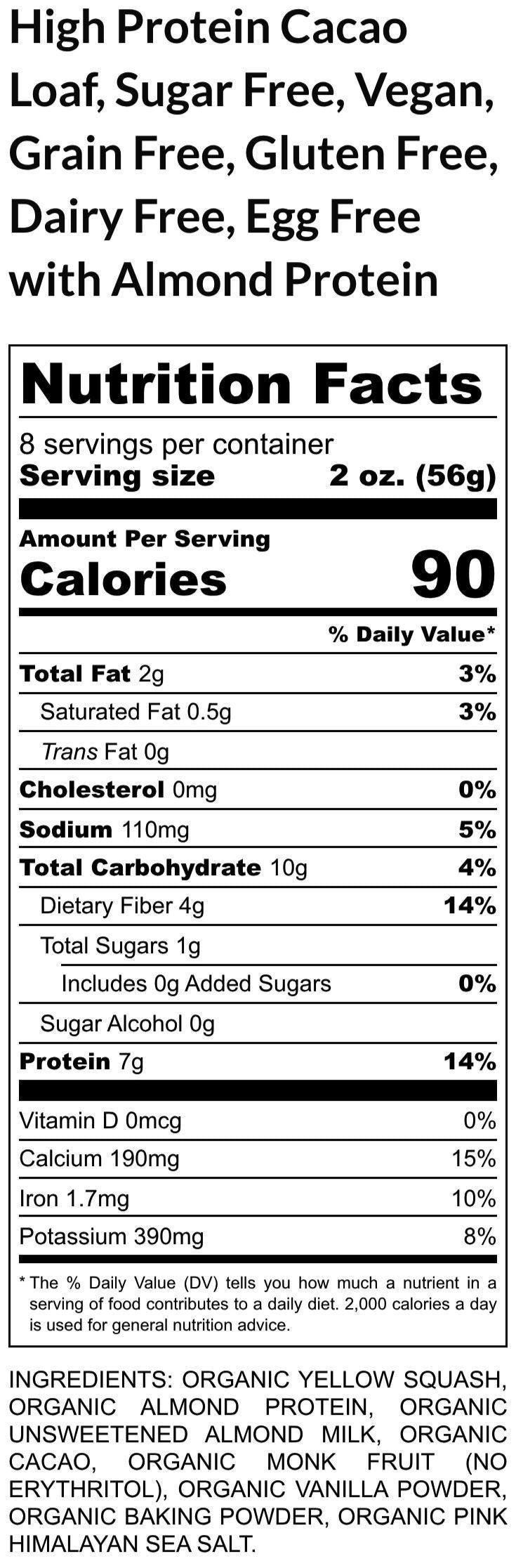 Protein Cacao Loaf, Sugar Free, Gluten Free, Grain Free, Paleo, Dairy Free, Vegan Almond Protein, Low Carb Fitness snack, Clean KETO dessert
