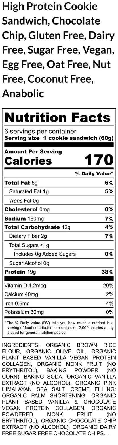 High Protein Cookie Sandwich, Chocolate Chip, Gluten Free, Sugar Free, Dairy Free, Coconut Free, Vegan Protein, Fitness Snack, Valentine's