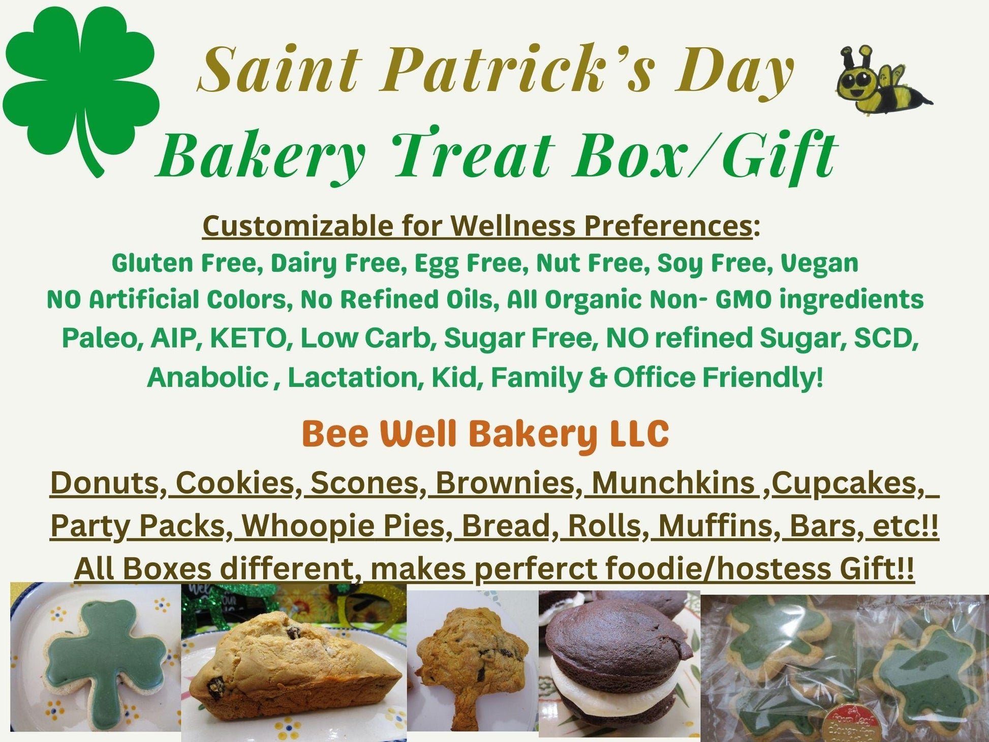 Saint Patrick's Day Bakery Box Sampler Gift, Gluten Free, Dairy Free, Vegan, Nut Free, Sugar Free, Keto, AIP Paleo, High Protein, Organic