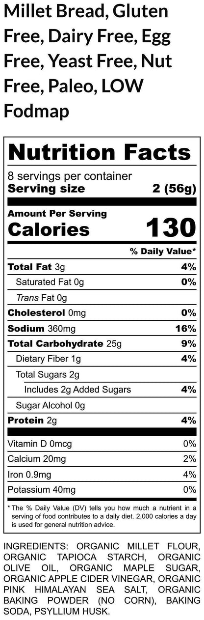 Gluten Free Bread, Millet, Dairy Free, Egg Free, Nut Free, Yeast Free, Low FODMAP, Preservative Free, Low Sugar, Vegan snack, Macro Friendly