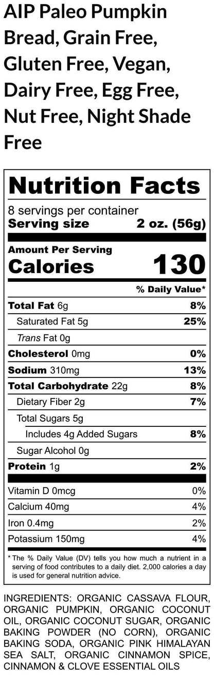 AIP Paleo Pumpkin Bread, Grain Free, Gluten Free, Dairy Free, Vegan, Coconut Sugar, Night Shade Free, Healthy Breakfast