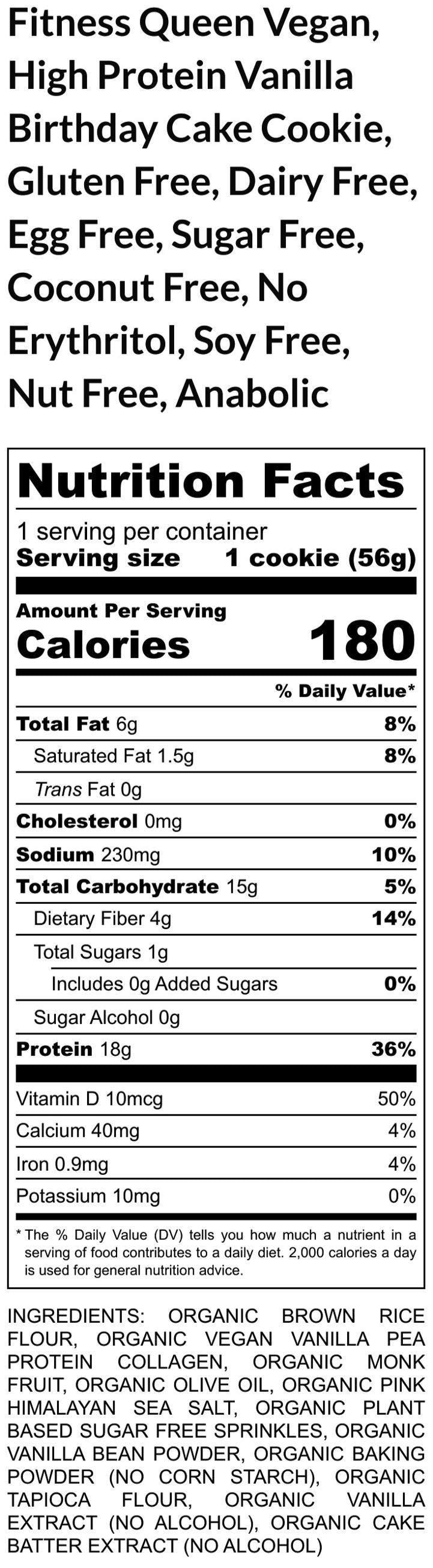 High Protein, Fitness Queen Cookie, Vanilla Birthday Cake, Vegan, Gluten Free, Dairy Free, Sugar Free, Anabolic, Collagen, Post Workout