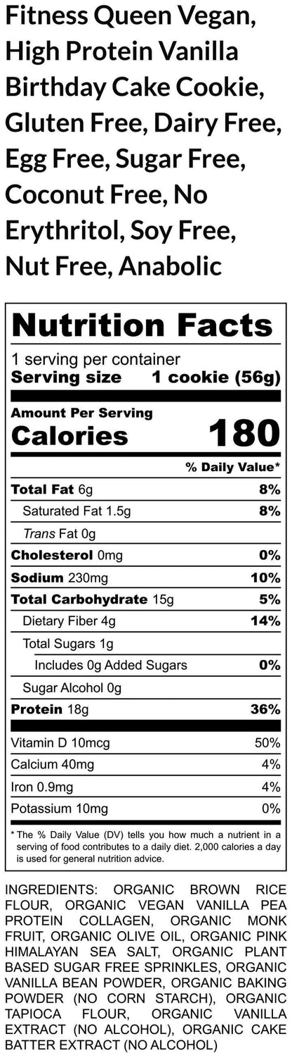 High Protein, Fitness Queen Cookie, Vanilla Birthday Cake, Vegan, Gluten Free, Dairy Free, Sugar Free, Anabolic, Collagen, Post Workout