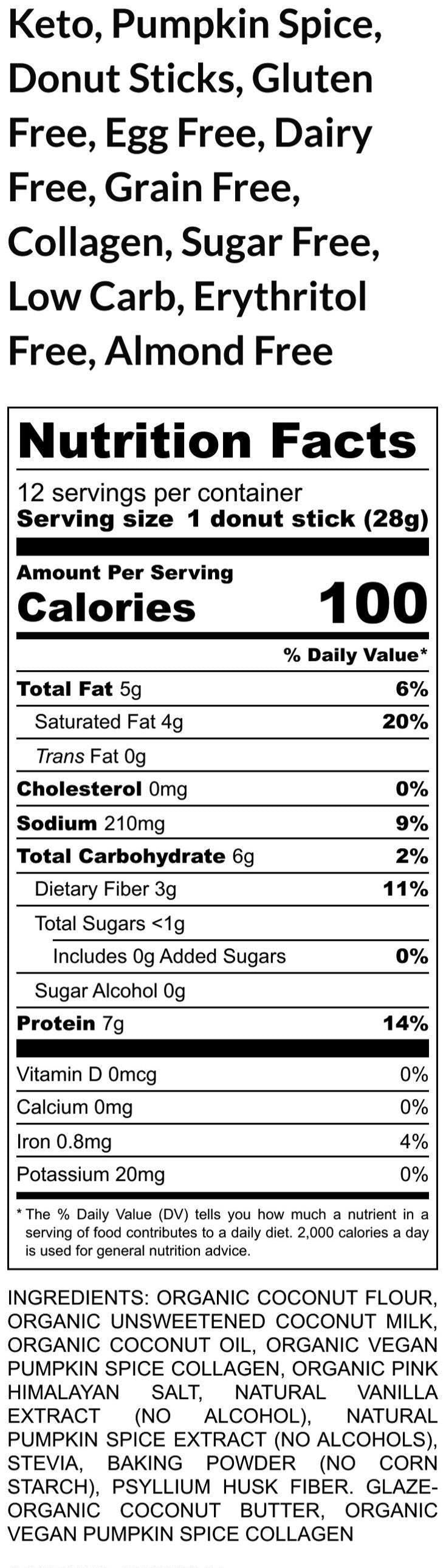 Keto Donut Sticks, Pumpkin Spice, Vegan, Grain Free, Gluten Free, Dairy Free, Protein Collagen, Sugar Free, Low Net Carb snack, Clean Eating