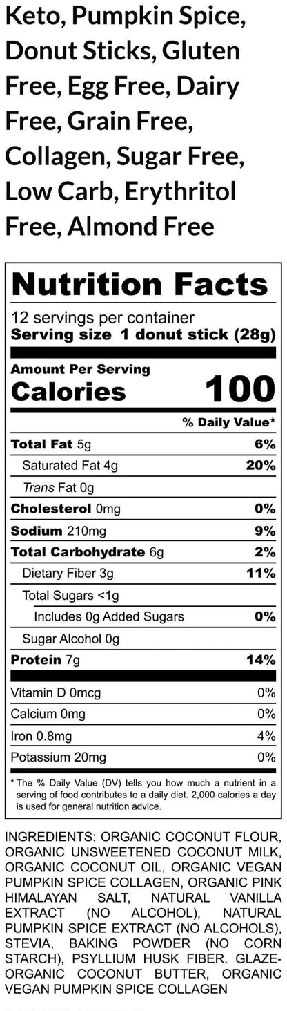 Keto Donut Sticks, Pumpkin Spice, Vegan, Grain Free, Gluten Free, Dairy Free, Protein Collagen, Sugar Free, Low Net Carb snack, Clean Eating