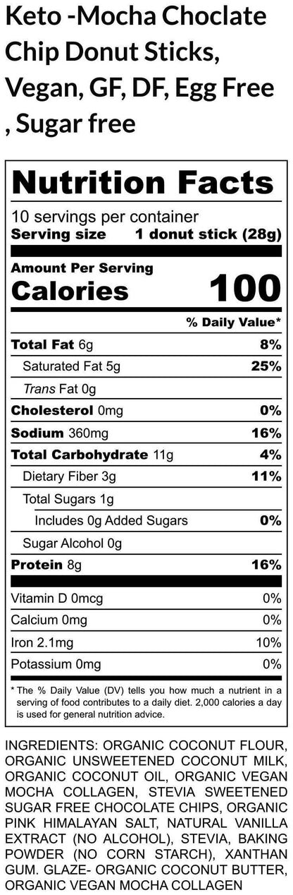 Keto Donut Sticks, Mocha Chocolate Chip, Gluten Free, Dairy Free, Vegan, No Erythritol, Grain Free, Sugar Free, Low Carb, Almond Free snack