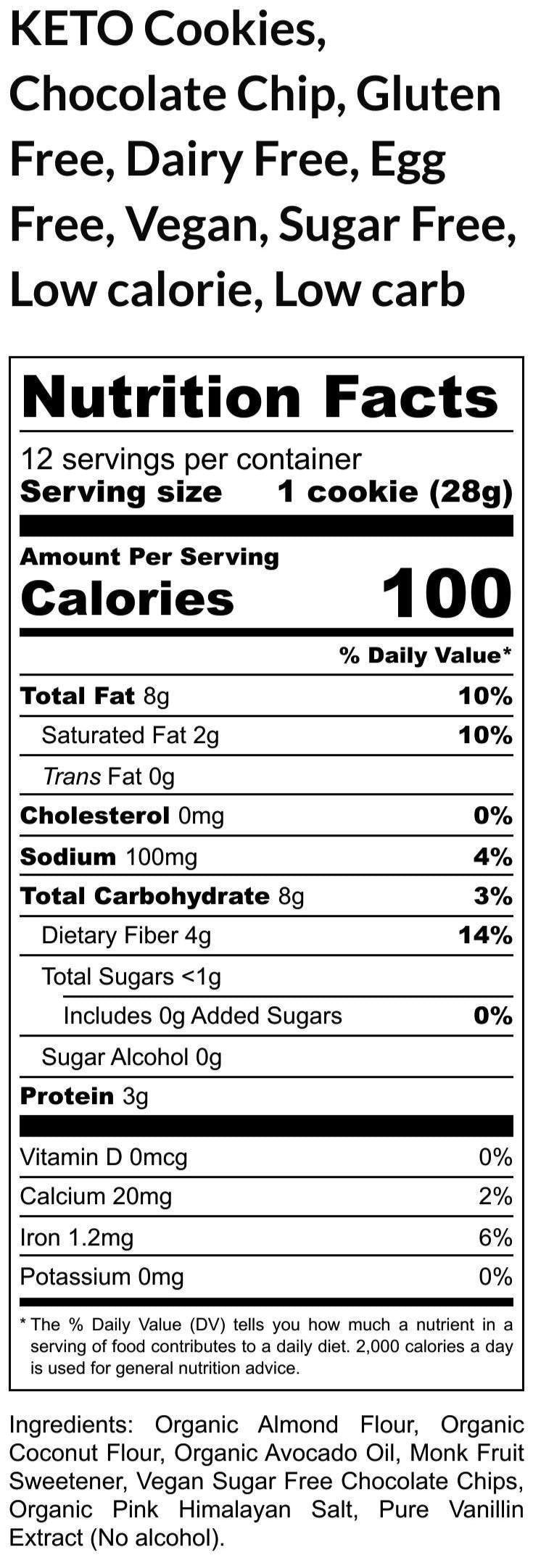 KETO Chocolate Chip Cookie, Grain Free, Sugar Free, Gluten Free, Dairy Free, Egg Free, Vegan, Birthday, Low calorie, Low carb, Birthday Gift