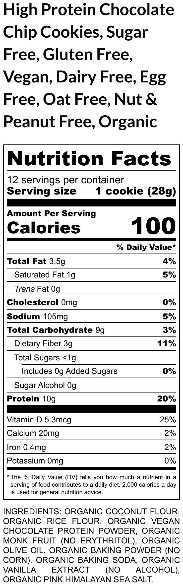 Gluten Free High Protein Chocolate Chip Cookies, Sugar Free Fitness Gifts, Dairy Free snacks, Vegan protein, Low Carb desserts, School Safe