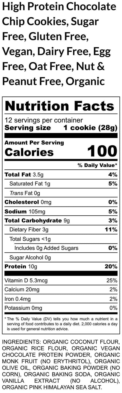 Gluten Free High Protein Chocolate Chip Cookies, Sugar Free Fitness Gifts, Dairy Free snacks, Vegan protein, Low Carb desserts, School Safe