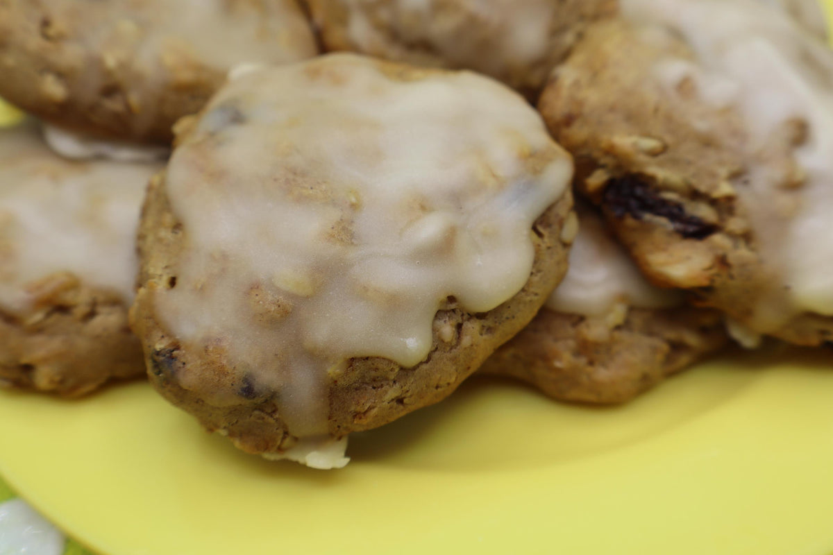 Gluten Free Cinnamon Raisin Cookie, Dairy Free, Vegan, Nut Free, Allergy Friendly, School Safe Snack, Lunchbox treat, Iced Cookies, Non-GMO
