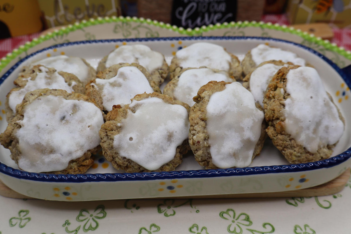 Gluten Free Cinnamon Raisin Cookie, Dairy Free, Vegan, Nut Free, Allergy Friendly, School Safe Snack, Lunchbox treat, Iced Cookies, Non-GMO