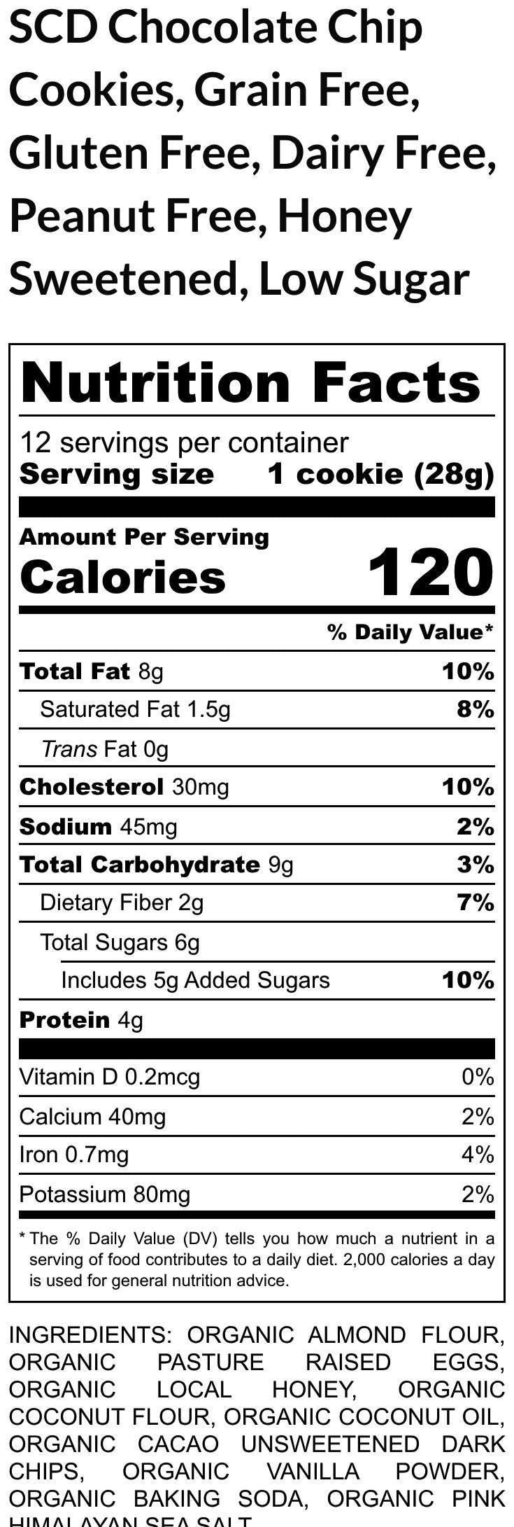 Gluten Free SCD Cookies, Chocolate Chip, Dairy Free, Grain Free, Low Carb, Paleo, Local Honey, Specific Carbohydrate, Clean Eating snacks