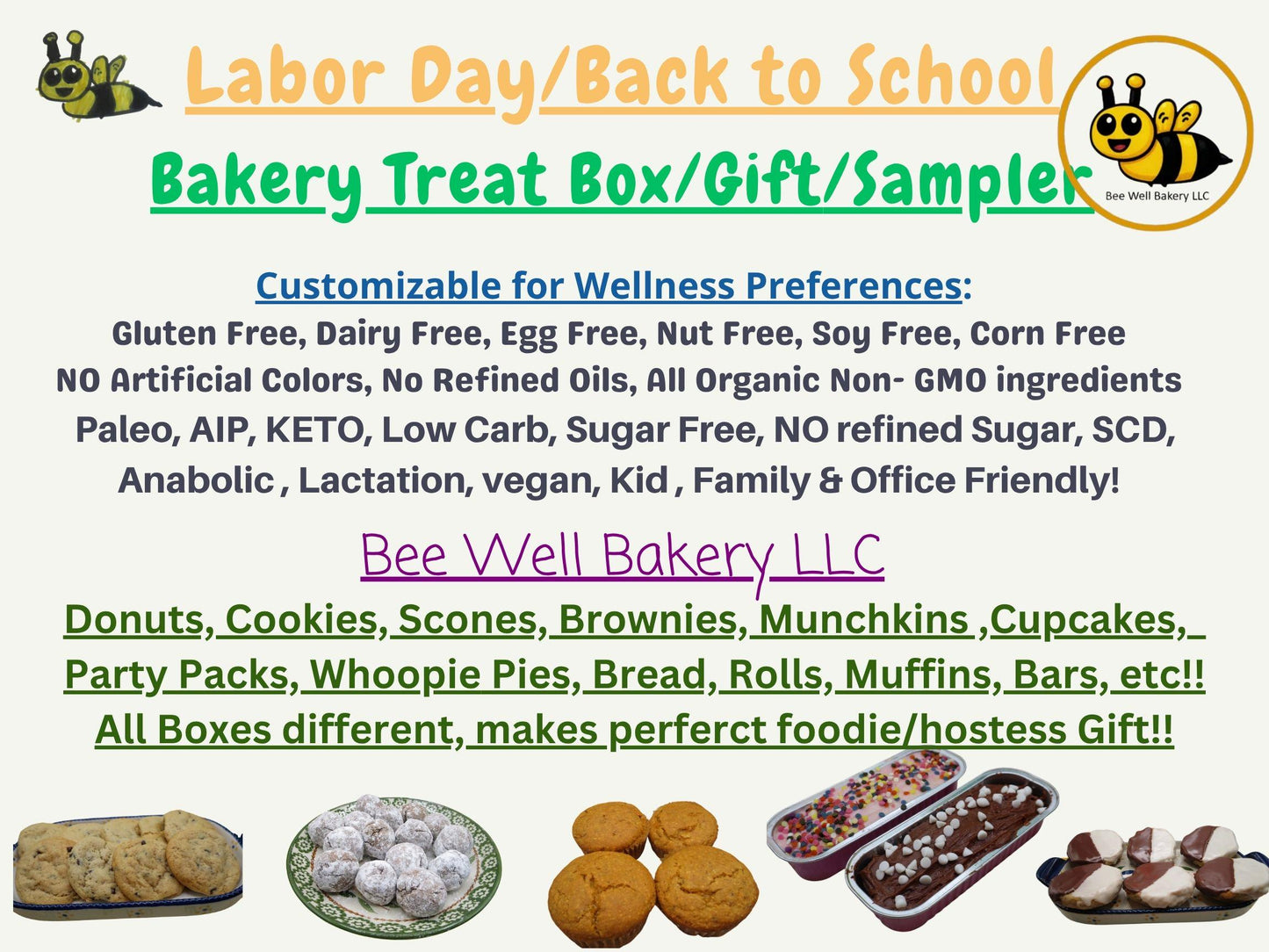 Gluten Free Bakery Box Sampler, Labor Day, Back to School, Dairy Free, Vegan, Sugar Free, Keto, High Protein, AIP Paleo, assorted Pastries