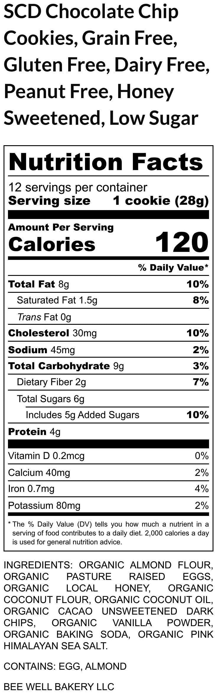 SCD Chocolate Chip Cookies, Grain Free, Gluten Free, Dairy Free, Specific Carbohydrate, Honey Sweetened Paleo desserts, Low Sugar Low Carb