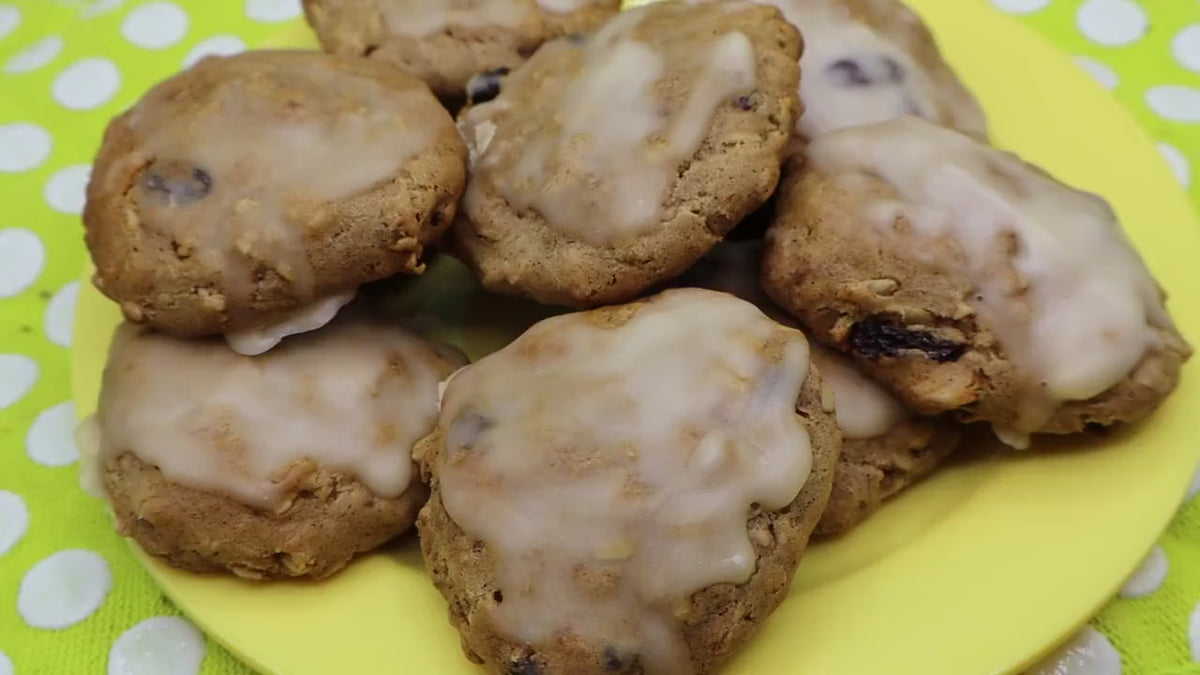 Gluten Free Cinnamon Raisin Oatmeal Cookies, Dairy Free, Egg Free, Vegan, Nut Free, Iced, School Safe, Apple Cinnamon, Fall Snack, Halloween