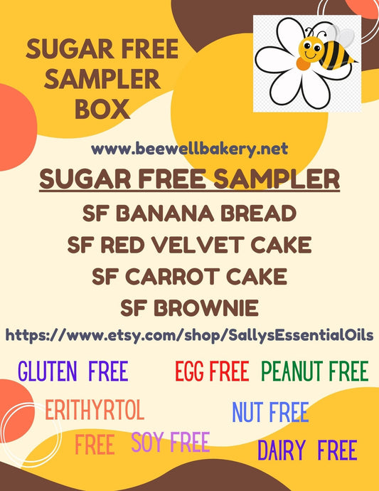 Sugar Free Sampler, Gluten Free, Dairy Free, Egg Free, Erythritol Free, Low calorie, Banana Bread, Red Velvet Cake, Carrot Cake, Brownie