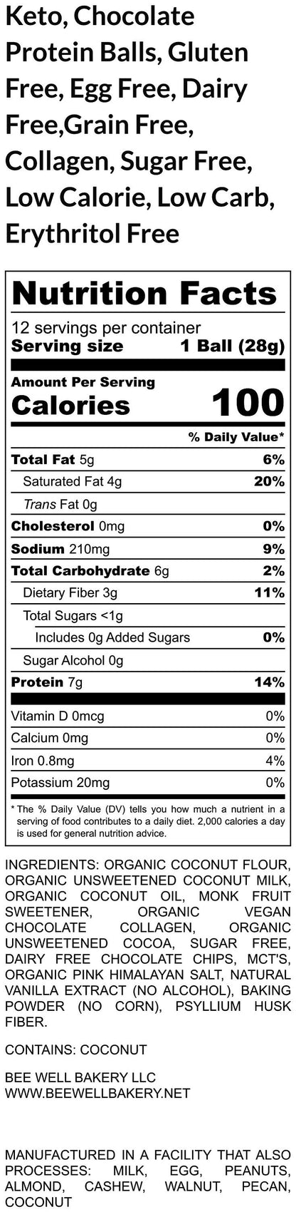 Keto, Protein Balls, Gluten Free, Egg Free, Dairy Free, Chocolate, Grain Free, Collagen, Sugar Free, Low Calorie, Low Carb, Erythritol Free