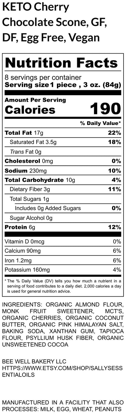 Keto, Chocolate Cherry Scone, Gluten Free, Sugar Free, Dairy Free, Egg Free, No refined Oil, Vegan, Dessert, Birthday Gift, Low Carb Diet