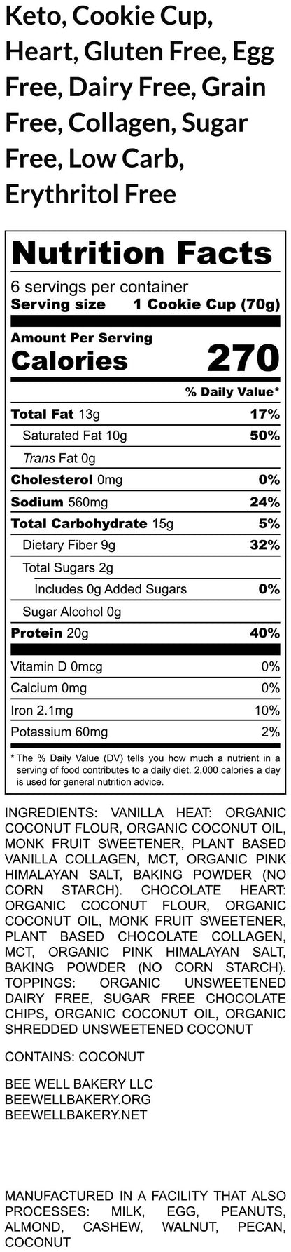 Keto, Cookie Cup, Heart, Gluten Free, Dairy Free, Egg Free, Nut Free, Vegan, Collagen, Low Carb, Erythritol Free, Sugar Free, Plant Based