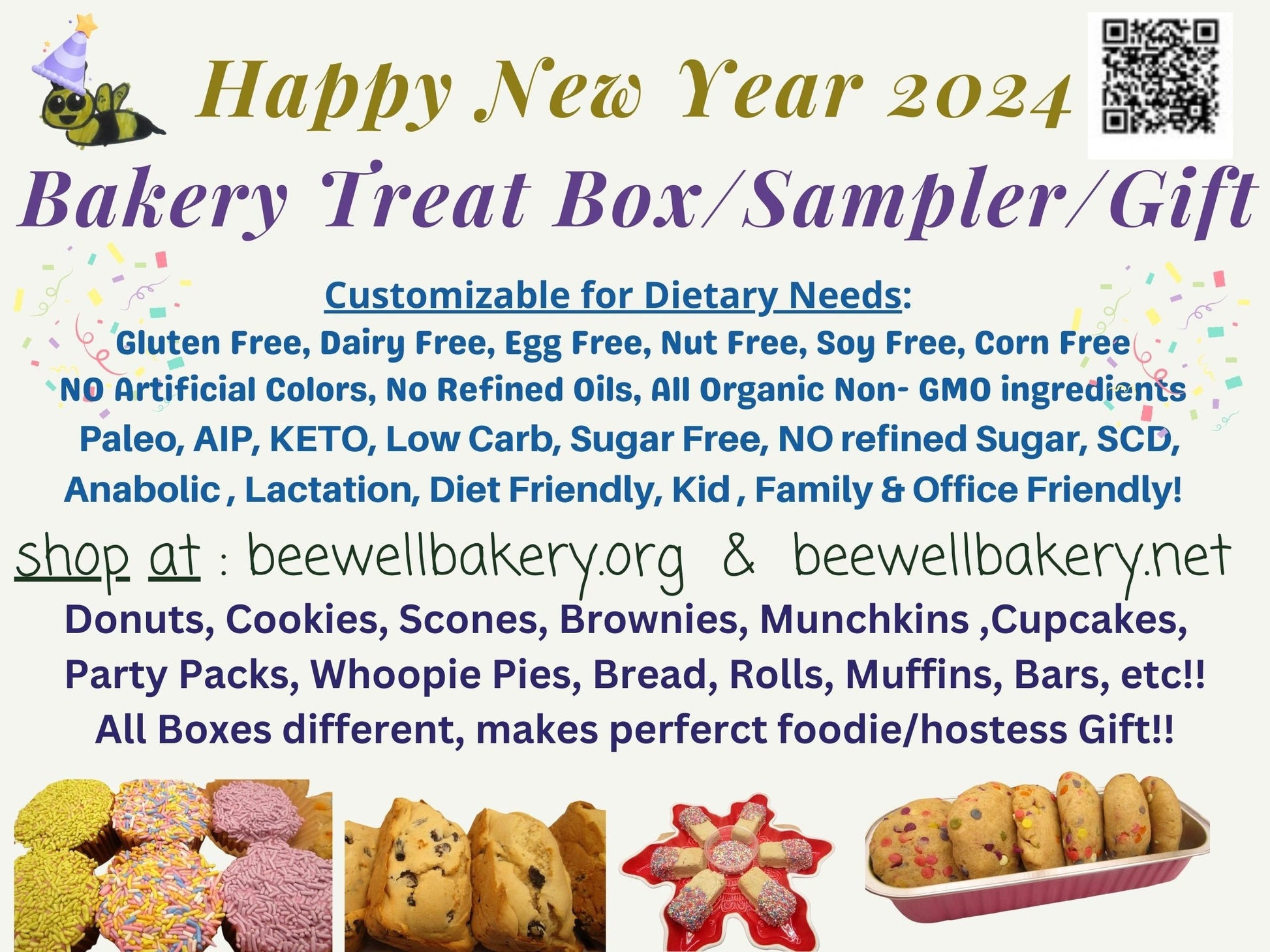 Happy New Year, Bakery Box, Gluten Free, Dairy Free, Sampler, Egg Free, Nut Free, Cookies, Donuts, AIP Paleo, KETO, Sugar Free, High Protein